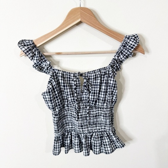 WAYF Black & White Plaid Checkered Ruffle Straps Smocked Peplum Top Size XS - Picture 2 of 6